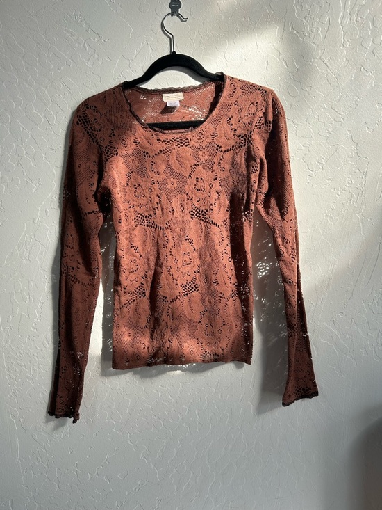 Neesha Tops - Brown Sheer Lace Long-Sleeve Scoop Neck Top
